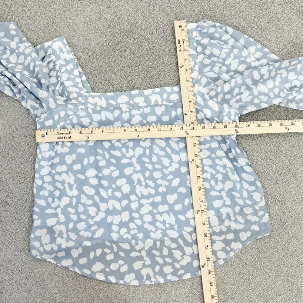 Lucca Petal Print Square‎ Neck Crop Blouse Blue White Large Long Balloon Sleeve
